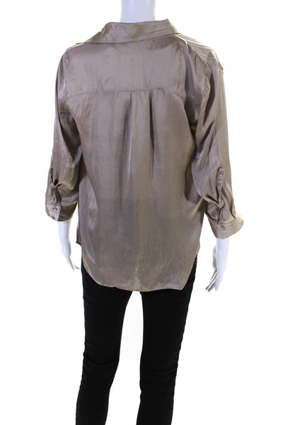 Vince Womens Collared Round Neck Long Sleeve Pullover Blouse Top Taupe Size 4