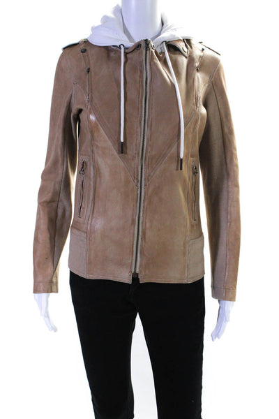 JKT Women's Hood Long Sleeves Full Zip Pockets Leather Jacket Beige Size S