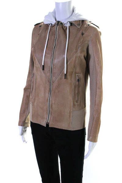 JKT Women's Hood Long Sleeves Full Zip Pockets Leather Jacket Beige Size S