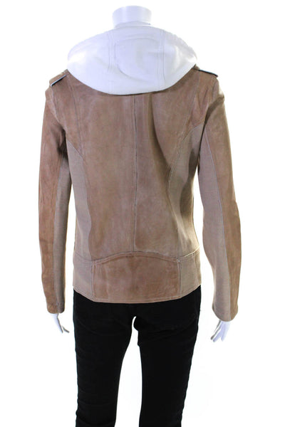 JKT Women's Hood Long Sleeves Full Zip Pockets Leather Jacket Beige Size S