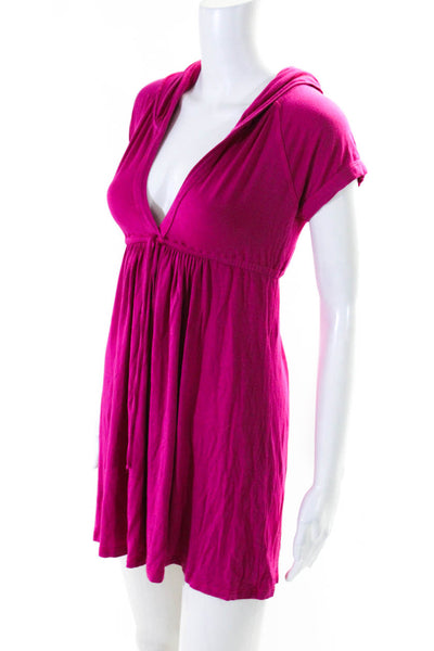 Robin Piccone Womens Fuschia V-Neck Hooded Short Sleeve Mini Dress Size S