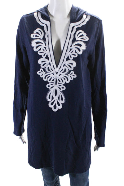 Lilly Pulitzer Womens Navy Cotton Embroidered Hooded Long Sleeve Tunic Top SizeM