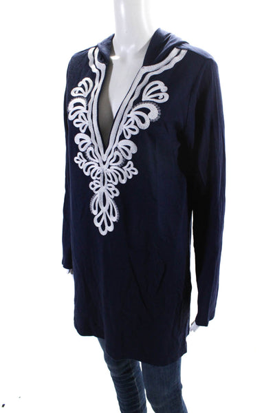 Lilly Pulitzer Womens Navy Cotton Embroidered Hooded Long Sleeve Tunic Top SizeM