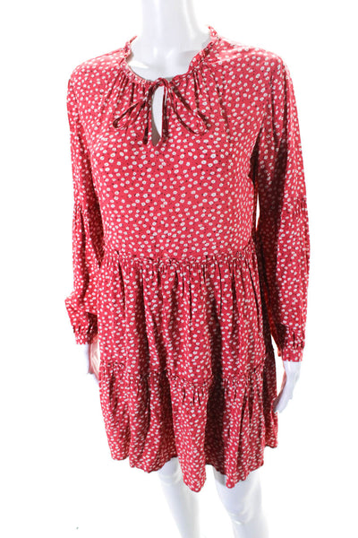 Rails Womens Red Floral Print Tie V-Neck Long Sleeve Tiered A-Line Dress Size XS