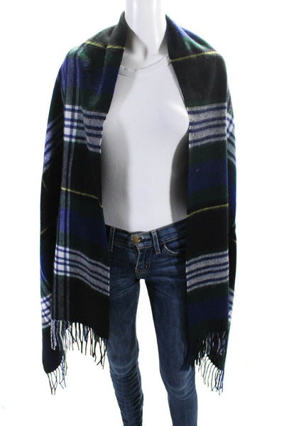 J Crew Womens Blue Green Wool Plaid Fringe Edge Shrug Scarf Sweater Top Size OS