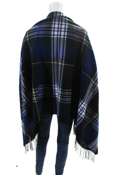 J Crew Womens Blue Green Wool Plaid Fringe Edge Shrug Scarf Sweater Top Size OS