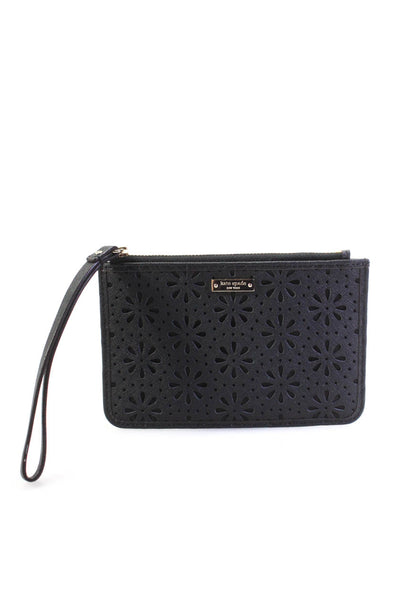 Kate Spade New York Womens Zip Top Logo Laser Cut Wristlet Handbag Black Leather