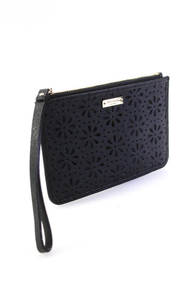 Kate Spade New York Womens Zip Top Logo Laser Cut Wristlet Handbag Black Leather