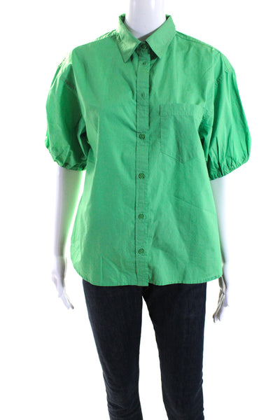 J Crew Womens Cotton Collared Ruched Short Puff Sleeve Buttoned Top Green Size 8