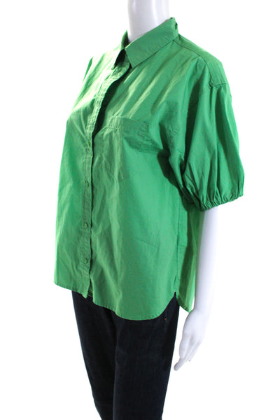 J Crew Womens Cotton Collared Ruched Short Puff Sleeve Buttoned Top Green Size 8