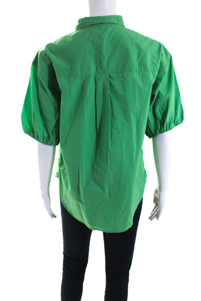 J Crew Womens Cotton Collared Ruched Short Puff Sleeve Buttoned Top Green Size 8