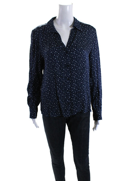 Ecru Womens Spotted Print Collared Long Sleeve Buttoned Blouse Blue Size S