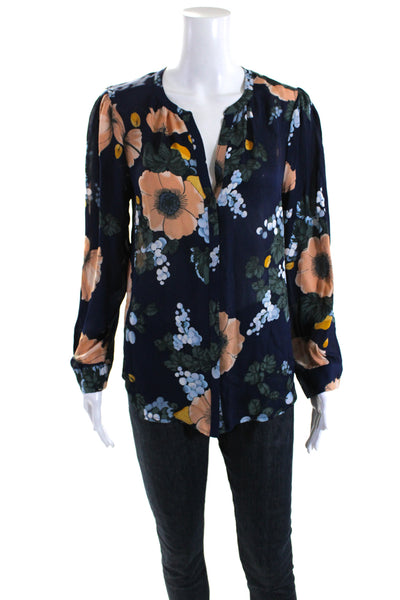 Joie Womens Silk Floral Print Buttoned Cuffed Long Sleeve Blouse Navy Size M