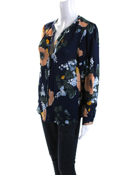 Joie Womens Silk Floral Print Buttoned Cuffed Long Sleeve Blouse Navy Size M