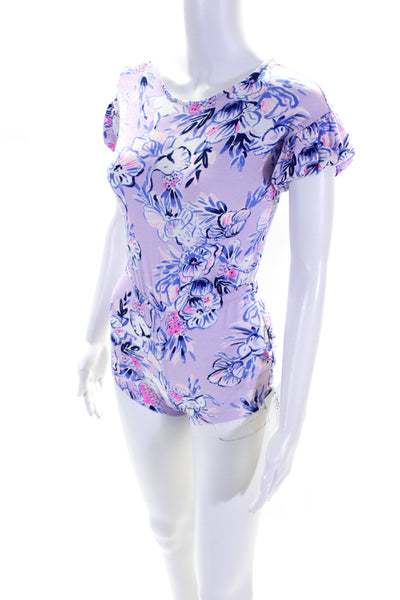 Lilly Pulitzer Girls Cotton Floral Print Short Sleeve Romper Purple Size 6-7