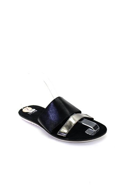 Eileen Fisher Womens Leather Open Toe Metallic Double Strap Slides Black Size 7