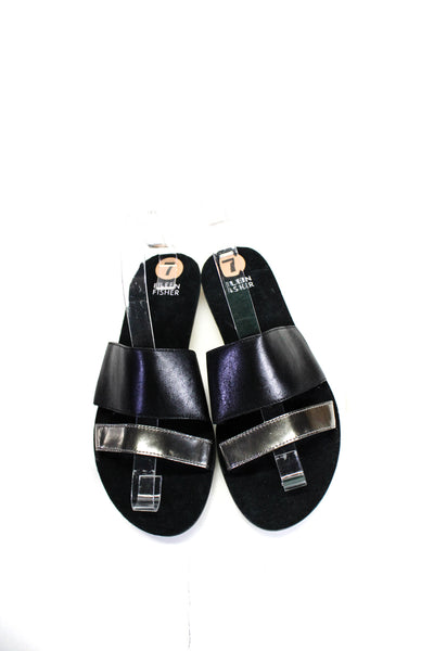 Eileen Fisher Womens Leather Open Toe Metallic Double Strap Slides Black Size 7