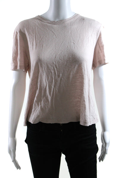 A.L.C. Womens Linen Round Neck Textured Lace-Up Short Sleeve Blouse Pink Size M