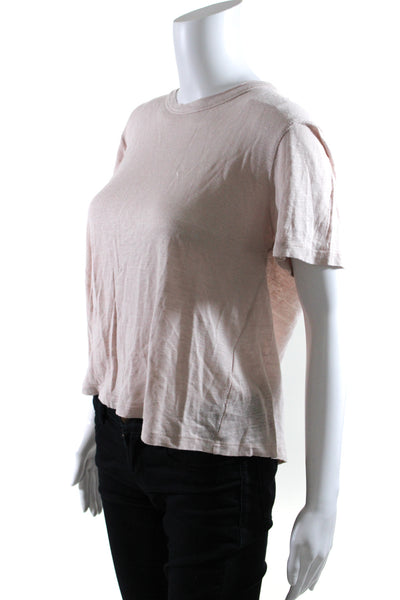 A.L.C. Womens Linen Round Neck Textured Lace-Up Short Sleeve Blouse Pink Size M