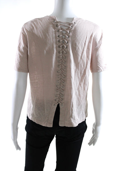 A.L.C. Womens Linen Round Neck Textured Lace-Up Short Sleeve Blouse Pink Size M