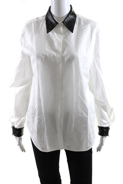 No21 Womens Cotton Patchwork Collared Button Long Sleeve Blouse White Size EUR40