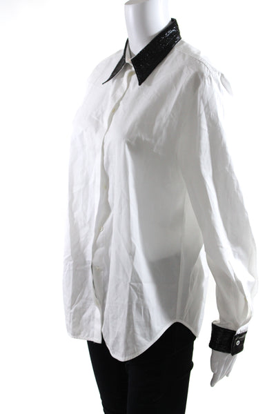 No21 Womens Cotton Patchwork Collared Button Long Sleeve Blouse White Size EUR40