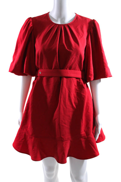 LDT Womens Short Puffy Short Sleeves Belted Flare A Line Dress Red Size 4