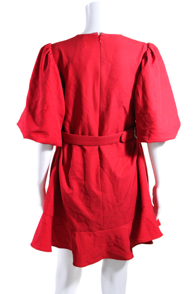 LDT Womens Short Puffy Short Sleeves Belted Flare A Line Dress Red Size 4