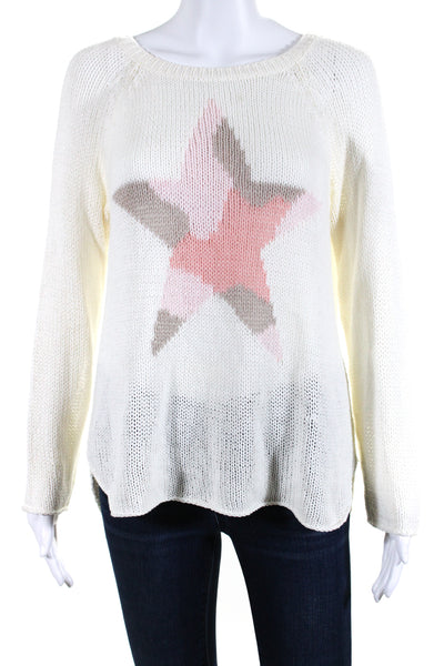 Wooden Ships Womens White Open Knit Cotton Printed Crew Neck Sweater Top Size S