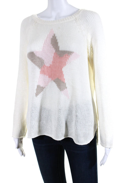 Wooden Ships Womens White Open Knit Cotton Printed Crew Neck Sweater Top Size S