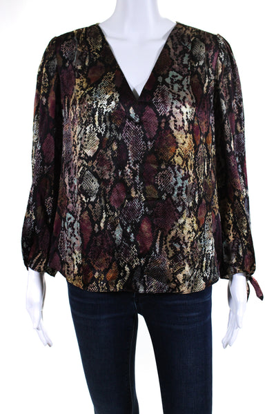 Rebecca Taylor Womens Red Silk Snakeskin Print Long Sleeve Blouse Top Size 8