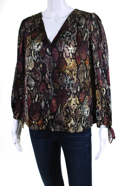 Rebecca Taylor Womens Red Silk Snakeskin Print Long Sleeve Blouse Top Size 8