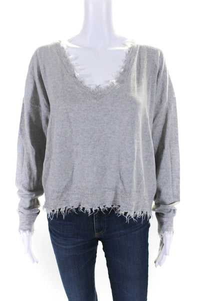 Nation LTD Womens Long Sleeve V Neck Distressed Trim Sweatshirt Gray Size XS