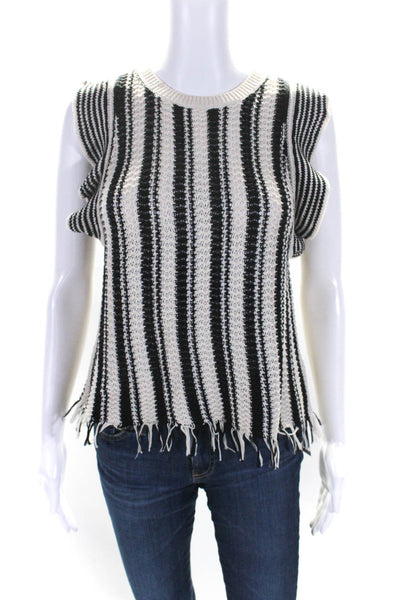 Eleven Six Womens Round Neck Knit Striped Fringe Top White Black Cotton Large