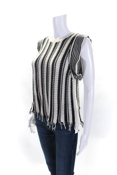 Eleven Six Womens Round Neck Knit Striped Fringe Top White Black Cotton Large