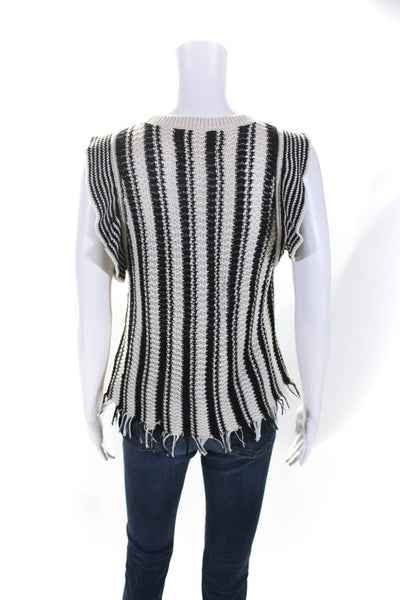 Eleven Six Womens Round Neck Knit Striped Fringe Top White Black Cotton Large