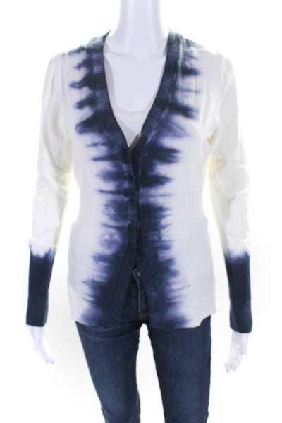 Ecru Womens Button Front V Neck Tie Dyed Cardigan Sweater White Blue Size XS