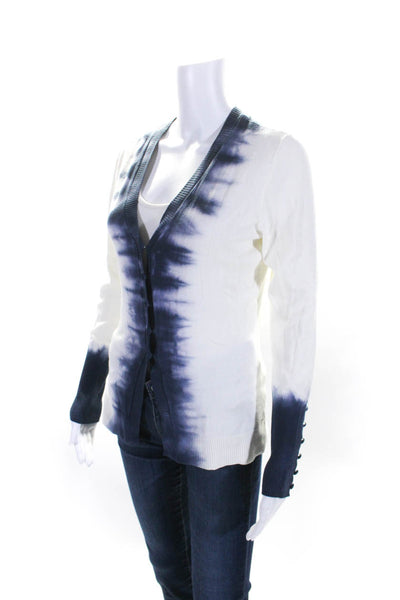 Ecru Womens Button Front V Neck Tie Dyed Cardigan Sweater White Blue Size XS