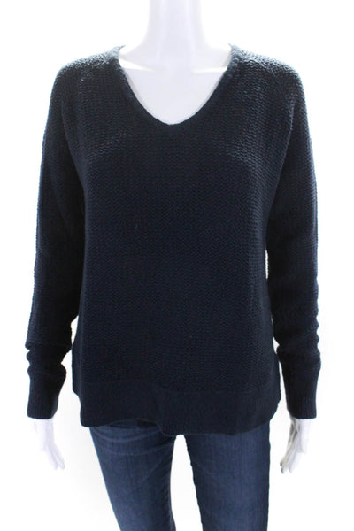 Kinross Womens Navy Blue Cotton V-Neck Long Sleeve Pullover Sweater Top Size XS