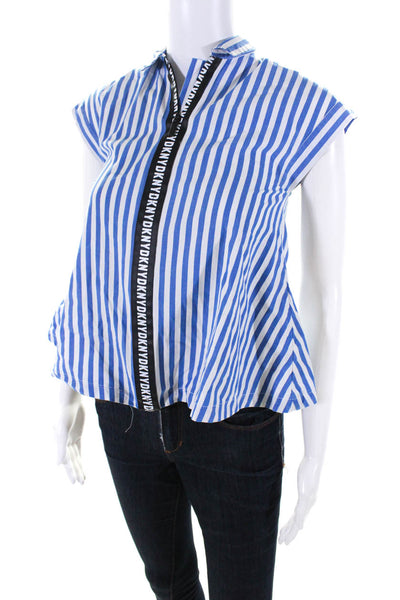 DKNY Women's Collared Sleeveless Full Zip Blouse Blue White Stripe Size 6