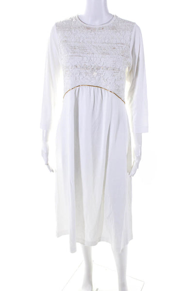 Donatella Via Roma Women's Long Sleeves Lace Trim Midi Dress White Size M