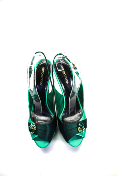 Sergio Rossi Womens Satin Open Toe Slingback Platform Heels Green Size 39.5 9.5