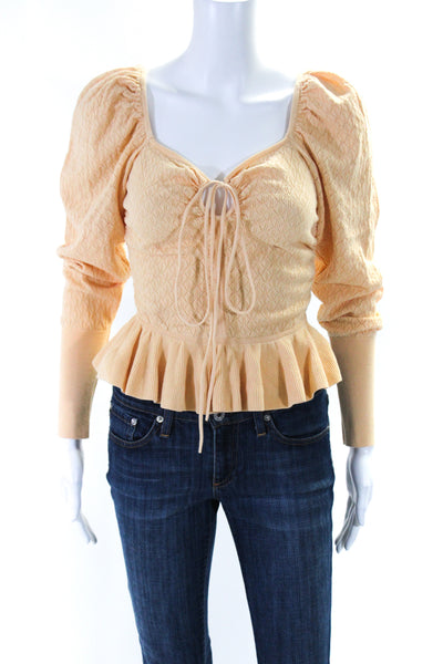 Ulla Johnson Womens Pointelle Knit V Neck Puff Sleeve Peplum Top Orange Size P