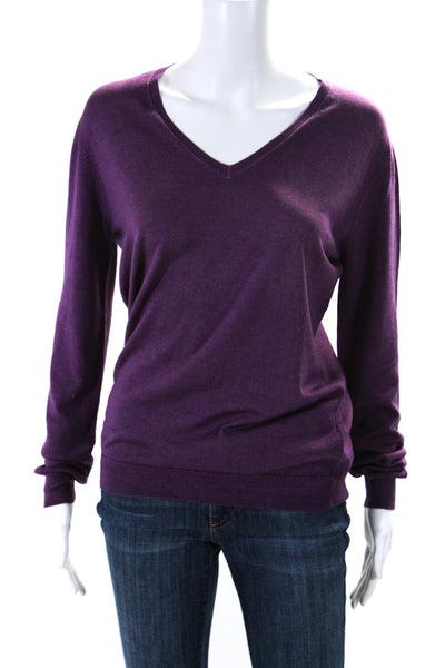 Designer Womens V-Neck Long Sleeve Pullover Casual T-Shirt Purple Size M