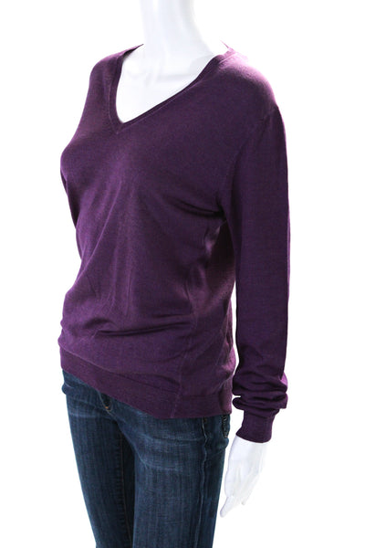 Designer Womens V-Neck Long Sleeve Pullover Casual T-Shirt Purple Size M