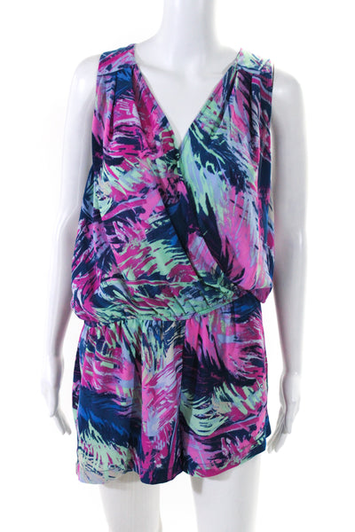 BCBGMAXAZRIA Womens Silk Abstract Print Sleeveless Romper Multicolor Size M