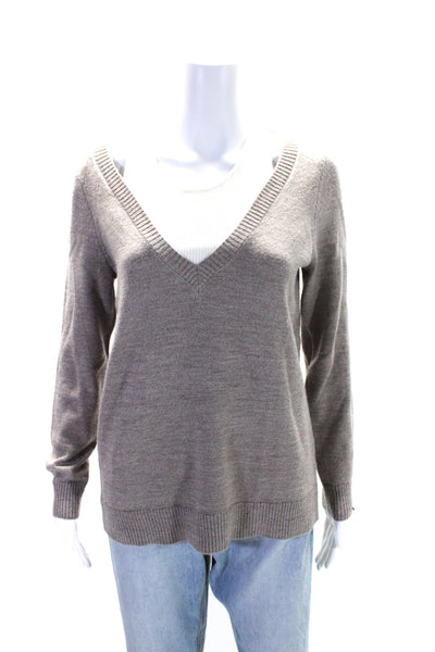 Ecru Womens Knit Long Sleeve Round Neck Pullover Sweater Top Taupe Size M