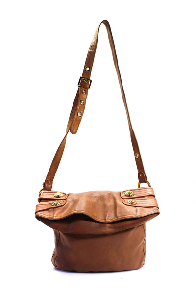 Shih Womens Leather Gold Tone Hardware Foldover Crossbody Bag Brown Size M