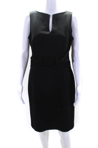 David Meister Womens Cotton V Neck Textured Buckle Sheath Dress Black Size 8