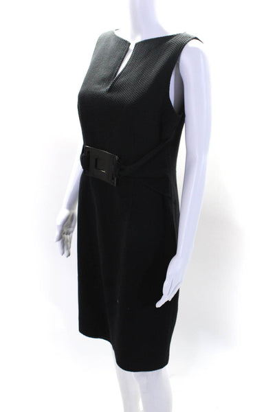 David Meister Womens Cotton V Neck Textured Buckle Sheath Dress Black Size 8